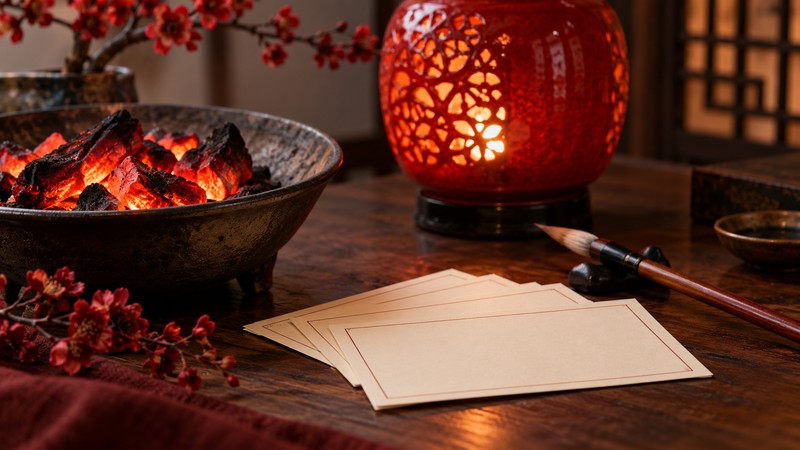 Chinese Names Meaning Fire: Characters, Pinyin, and Meaning Checks 2 Glowing embers and red lamp beside blank cards for comparing fire-related name ideas
