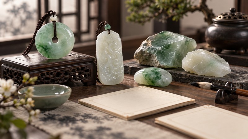 Chinese Names Meaning Jade: Characters, Pinyin, and Meaning Checks 1 Green and white jade pieces beside blank cards for Chinese name research