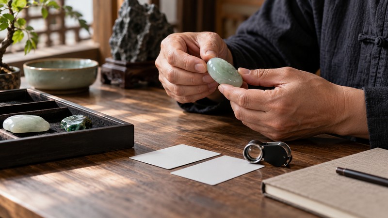 Chinese Names Meaning Jade: Characters, Pinyin, and Meaning Checks 2 Artisan examining jade beside blank comparison cards for meaning verification
