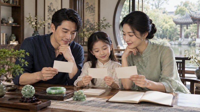 Chinese Names Meaning Jade: Characters, Pinyin, and Meaning Checks 3 Family comparing name cards with jade objects and a blank notebook