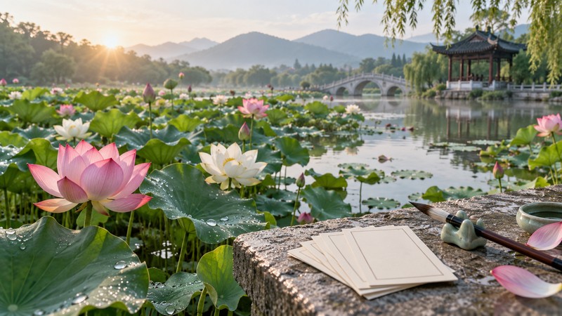 Chinese Names Meaning Lotus: Characters, Pinyin, and Meaning Checks 1 Lotus pond and blank name study cards illustrating lotus symbolism