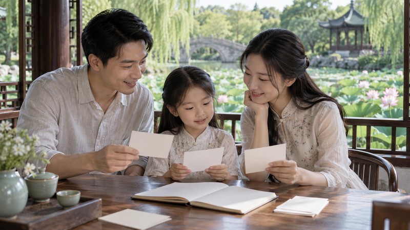 Chinese Names Meaning Lotus: Characters, Pinyin, and Meaning Checks 3 Family comparing name cards in a pavilion overlooking a lotus pond