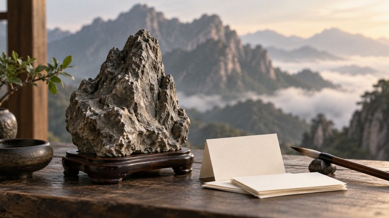 Chinese Names Meaning Mountain: Characters, Pinyin, and Meaning Checks 2 Scholar rock and blank cards for comparing mountain-related Chinese names