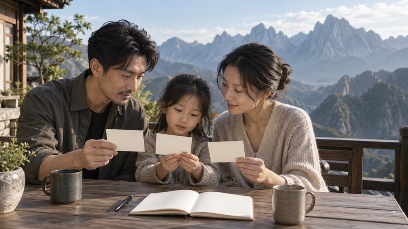 Chinese Names Meaning Mountain: Characters, Pinyin, and Meaning Checks 3 Family comparing name cards on a terrace overlooking mountain peaks