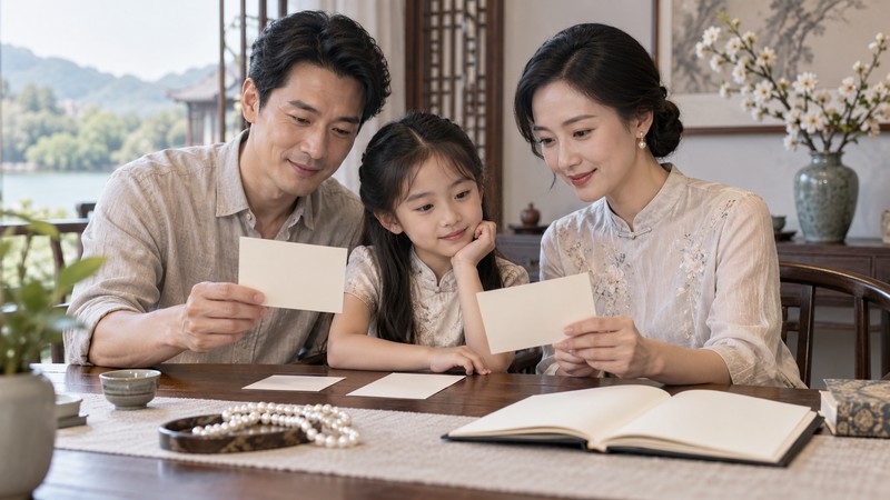 Chinese Names Meaning Pearl: Characters, Pinyin, and Meaning Checks 3 Family comparing name cards with pearls and a blank notebook
