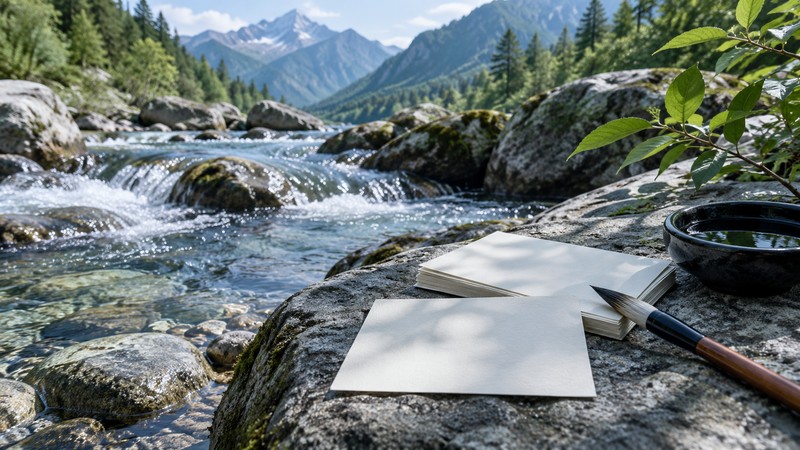 Chinese Names Meaning Water: Characters, Pinyin, and Meaning Checks 1 Clear mountain stream beside blank name study cards illustrating water symbolism