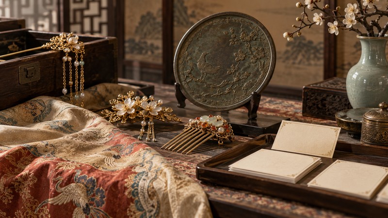 Ancient Chinese Girls Names: Characters, Meanings, and Historical Context 1 Historical hair ornaments and bronze mirror beside blank archival name cards