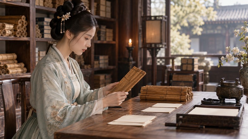 Ancient Chinese Girls Names: Characters, Meanings, and Historical Context 2 Historically inspired female scholar reviewing bamboo-slip replicas and blank cards