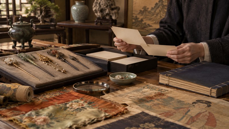 Ancient Chinese Girls Names: Characters, Meanings, and Historical Context 3 Curator comparing blank archival cards beside hairpins and historical textiles