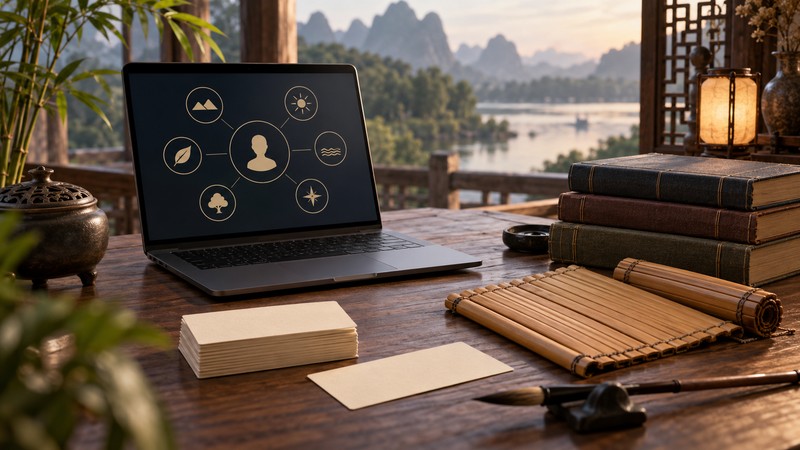 How to Use an Ancient Chinese Name Generator With Source Checks 1 Abstract name generator interface beside blank archival cards and bamboo-slip replicas