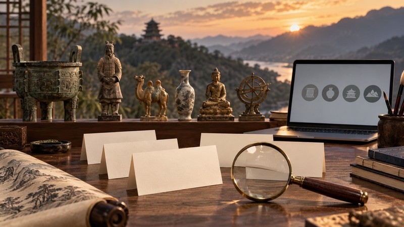 How to Use an Ancient Chinese Name Generator With Source Checks 3 Blank generated-name cards beside a magnifying glass and unlabeled era artifacts