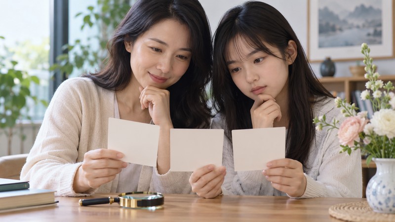 Mother and daughter comparing blank cards for Chinese girl names