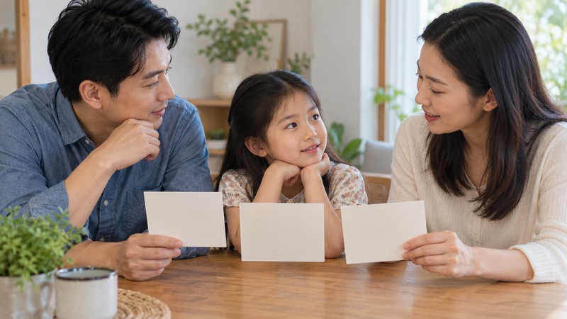 Family discussing pronunciation while comparing blank girl name cards