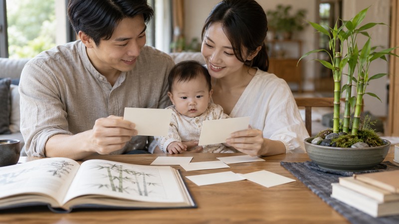 Chinese Baby Names Meaning Bamboo: Character, Sound, and Family Context 1 Family comparing Chinese name candidates beside living bamboo