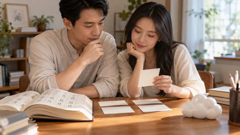 Chinese Baby Names Meaning Cloud: Symbolism and Character Notes 1 Parents comparing Chinese name candidates beside a cloud-shaped ornament