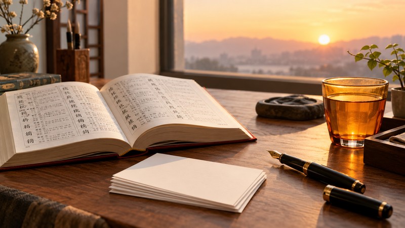 Chinese Baby Names Meaning Dawn: Symbolism and Character Notes 2 Chinese name research desk with a warm dawn prism and blank cards