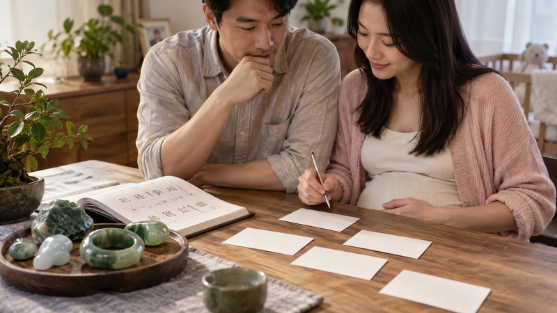 Chinese Baby Names Meaning Jade: Meaning, Sound, and Family Context 1 Parents comparing Chinese name candidates with natural jade samples