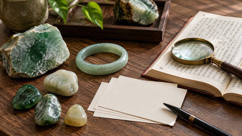 Chinese Baby Names Meaning Jade: Meaning, Sound, and Family Context 2 Chinese name research desk with varied jade stones and blank cards