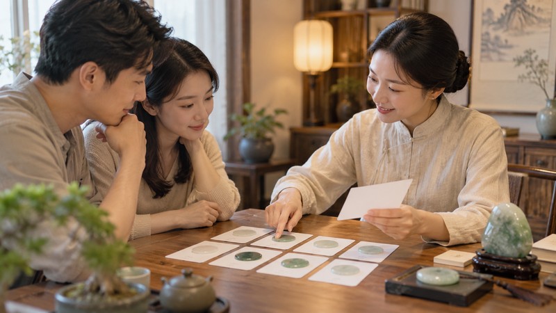 Chinese Baby Names Meaning Jade: Meaning, Sound, and Family Context 3 Naming consultant reviewing jade color context with parents