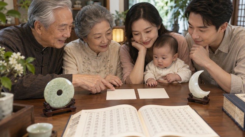 Chinese Baby Names Meaning Jade And Moon: Characters and Sound Notes 1 Family comparing paired Chinese name cards beside jade and moon objects