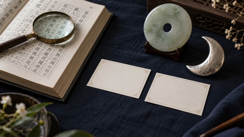 Chinese Baby Names Meaning Jade And Moon: Characters and Sound Notes 2 Chinese name research desk with jade disc crescent and paired blank cards