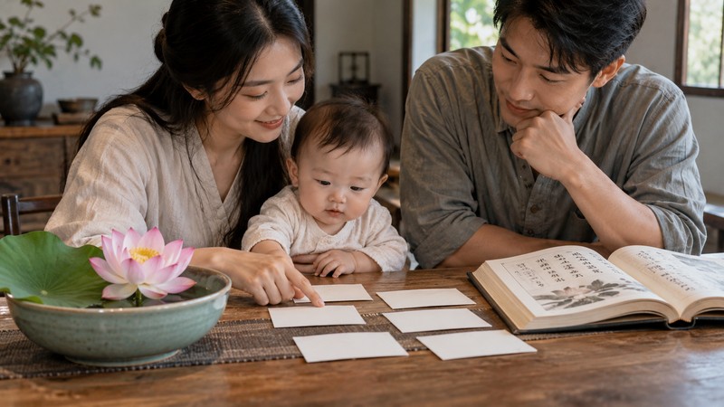 Chinese Baby Names Meaning Lotus: Meaning, Symbol, and Sound Context 1 Family comparing Chinese name candidates beside a lotus flower