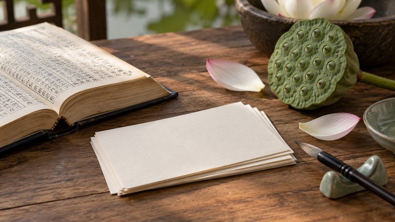 Chinese Baby Names Meaning Lotus: Meaning, Symbol, and Sound Context 2 Chinese name research desk with lotus petals and blank cards