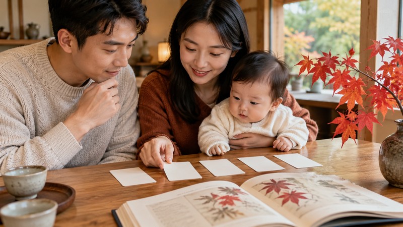 Chinese Baby Names Meaning Maple: Symbol and Character Choices 1 Family comparing Chinese name candidates beside red maple leaves