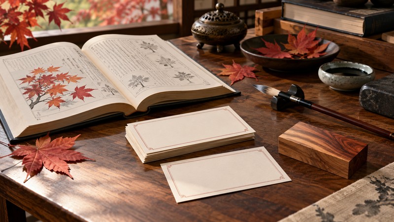 Chinese Baby Names Meaning Maple: Symbol and Character Choices 2 Chinese name research desk with maple leaves and blank cards