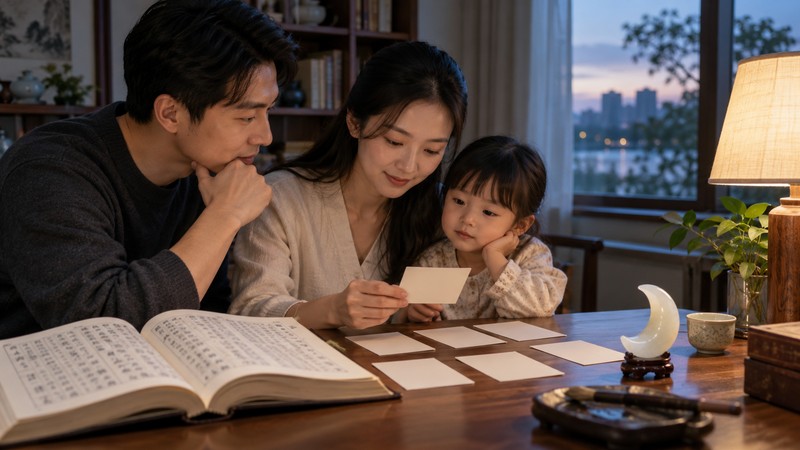 Chinese Baby Names Meaning Moon: Characters, Pinyin, and Source Boundaries 1 Family comparing Chinese name candidates beside a moon-shaped ornament
