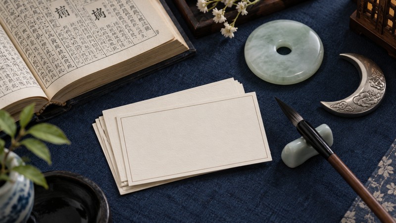 Chinese Baby Names Meaning Moon: Characters, Pinyin, and Source Boundaries 2 Chinese name research desk with blank cards and jade moon objects