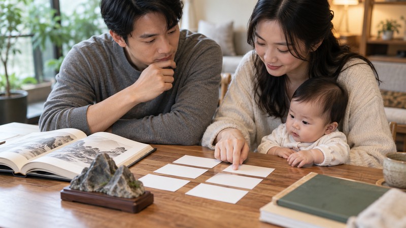 Chinese Baby Names Meaning Mountain: Characters and Strength Notes 1 Family comparing Chinese name candidates beside a mountain-stone model