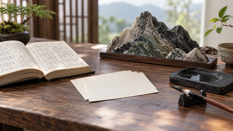 Chinese Baby Names Meaning Mountain: Characters and Strength Notes 2 Chinese name research desk with layered mountain stones and blank cards