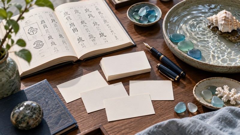 Chinese Baby Names Meaning Ocean: Symbolism and Character Notes 2 Chinese name research desk with sea glass and blank candidate cards