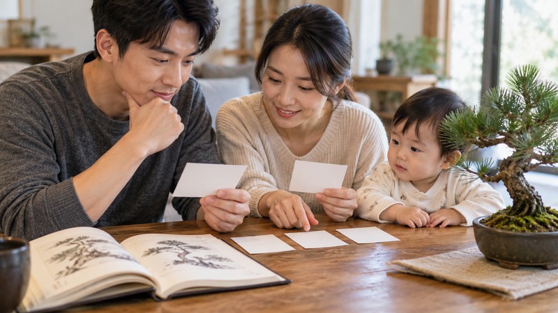 Chinese Baby Names Meaning Pine: Character, Sound, and Family Context 1 Family comparing Chinese name candidates beside a bonsai pine