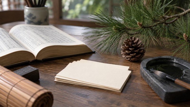 Chinese Baby Names Meaning Pine: Character, Sound, and Family Context 2 Chinese name research desk with pine needles and blank cards
