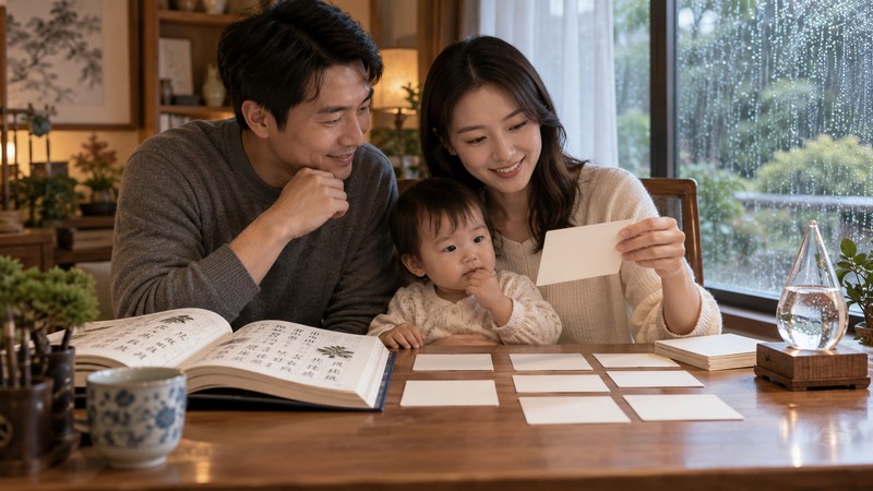 Chinese Baby Names Meaning Rain: Symbolism and Character Notes 1 Family comparing Chinese name candidates beside a rain-lit window