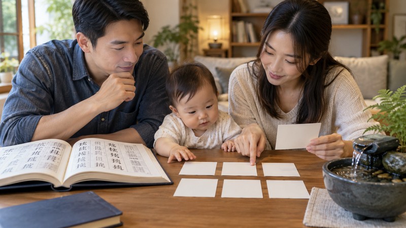 Chinese Baby Names Meaning River: Characters and Sound Notes 1 Family comparing Chinese name candidates beside a flowing-water vessel