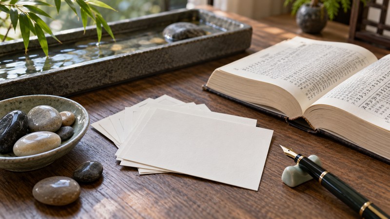 Chinese Baby Names Meaning River: Characters and Sound Notes 2 Chinese name research desk with river stones and blank cards