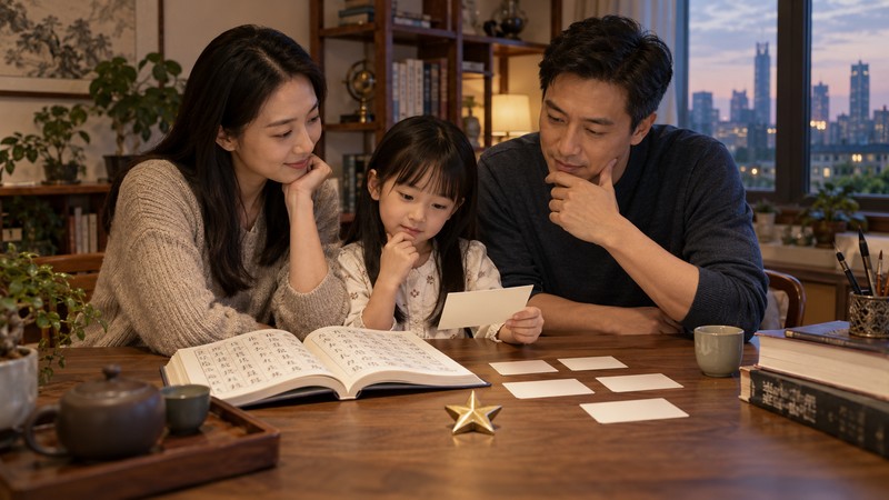 Chinese Baby Names Meaning Star: Characters, Pinyin, and Meaning Checks 1 Family comparing blank Chinese name cards beside a star-shaped paperweight