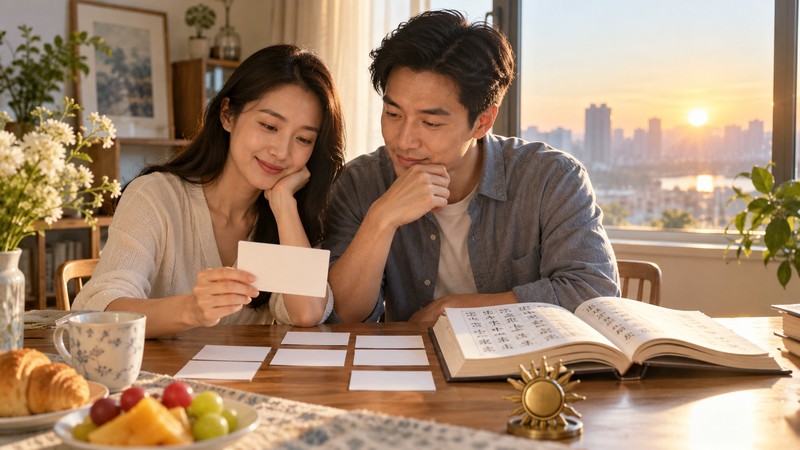 Family comparing Chinese name candidates in warm sunrise light