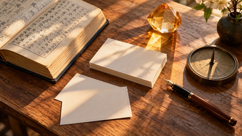 Chinese name research desk with blank cards and an amber sun prism