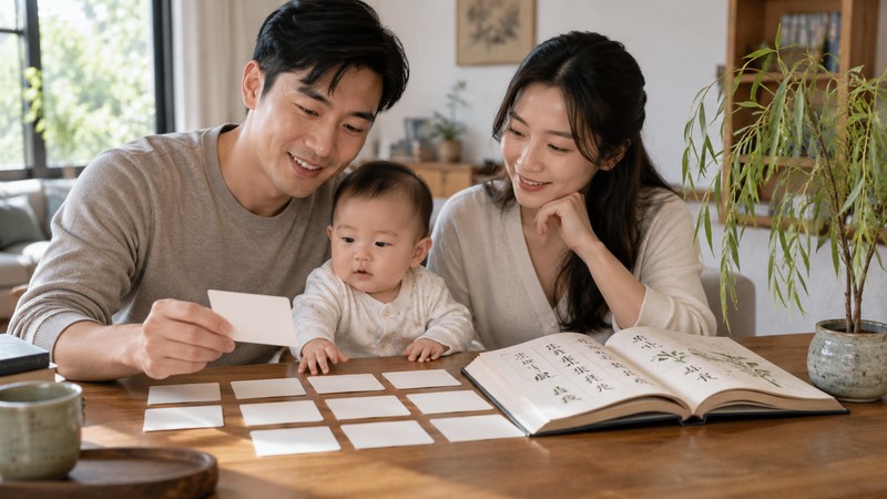 Chinese Baby Names Meaning Willow: Characters and Sound Notes 1 Family comparing Chinese name candidates beside willow leaves
