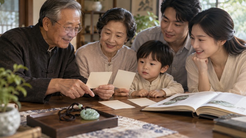 Chinese Baby Names With Jade: Meaning, Symbol, and Sound Context 1 Multigenerational family comparing paired name cards beside jade