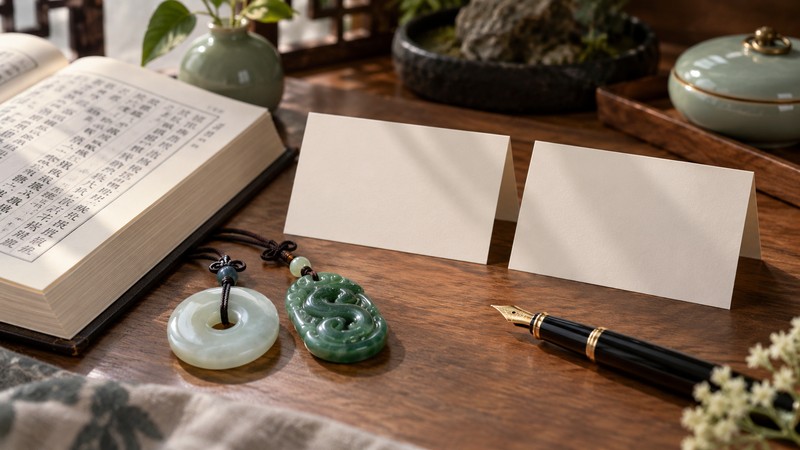 Chinese Baby Names With Jade: Meaning, Symbol, and Sound Context 2 Chinese name research desk with paired cards and jade pendants