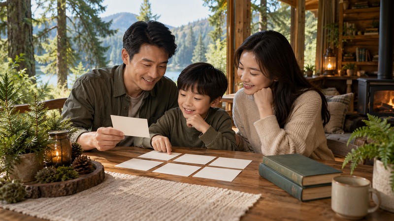 Family comparing blank name cards in a forest cabin setting