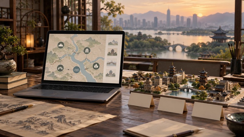 How to Use a Chinese City Name Generator for Fiction With Language Checks 1 Unlabeled city map model beside blank cards for place-name research