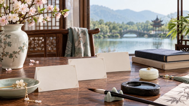 How to Review Chinese Female Names and Meanings: Characters, Pinyin, and Context 1 Chinese female name research with blank candidate cards and reference objects