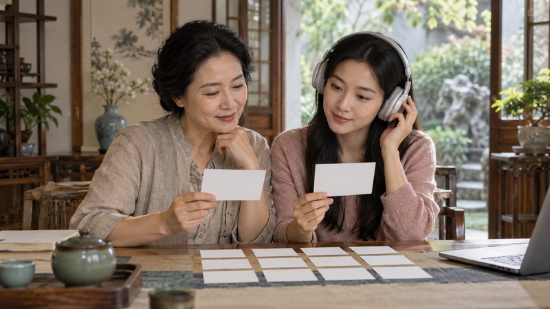 How to Review Chinese Female Names and Meanings: Characters, Pinyin, and Context 2 Family comparing blank cards for Chinese female name meanings