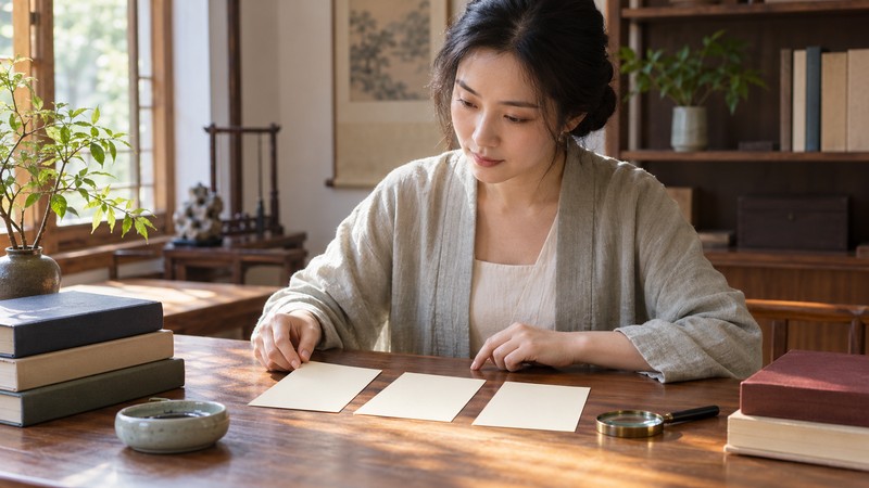 How to Review Chinese Female Names and Meanings: Characters, Pinyin, and Context 3 Naming researcher reviewing blank cards beside unmarked reference books